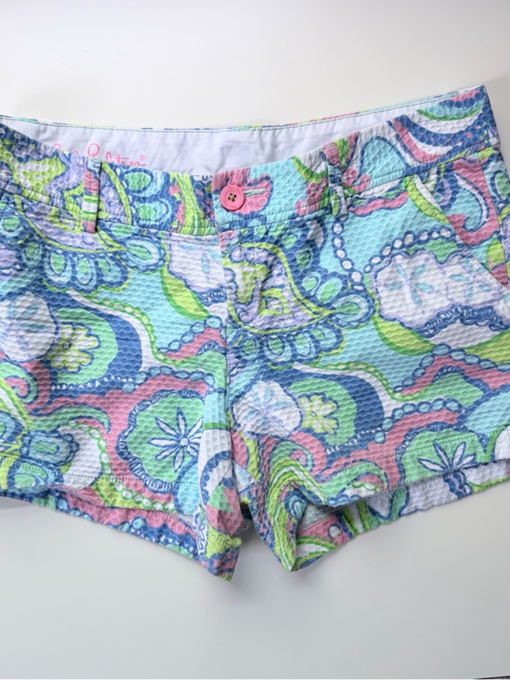 Lilly Pulitzer Pastel Paisley Seersucker Shorts - Blue, Pink, Green, White